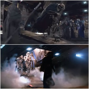 Now arriving: people with a bad attitude. Granted the smoke echoes Palpatine's shuttle landings but it was the camera angle that got me. Images via Lucasfilm, collage by me